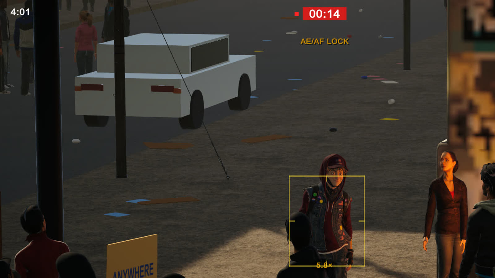 The game's title shot: a phone camera locked on the player's punk character across the street from the march
