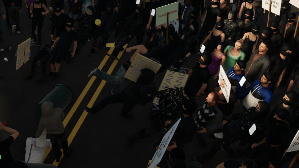 A marcher flattened by a thrown trash can, the crowd reacting