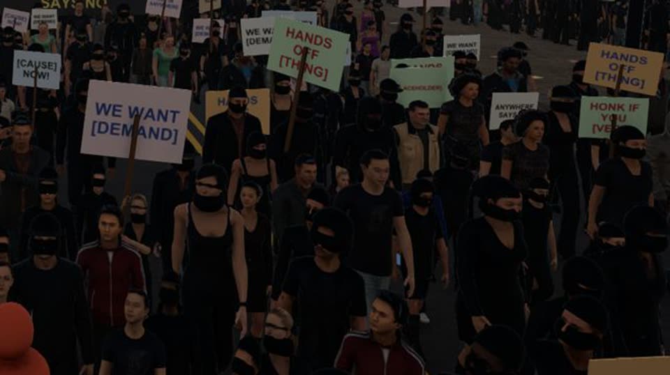 The march filling the avenue, signs up