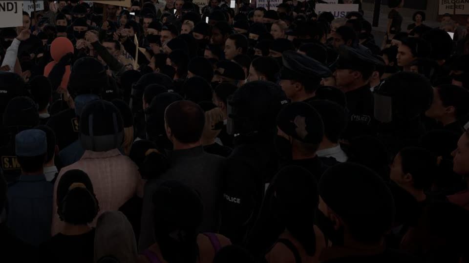 An angry crowd closing in on the player